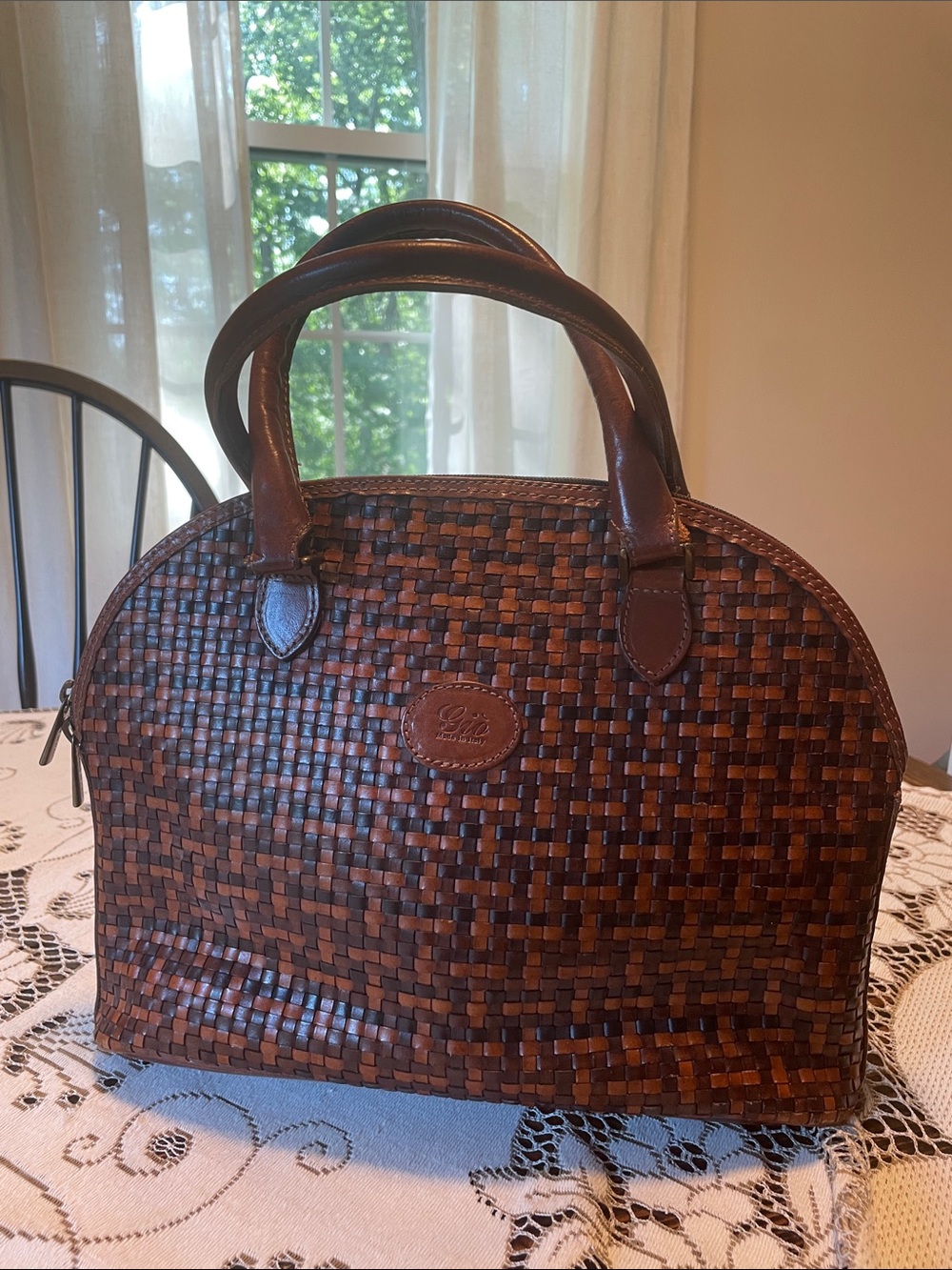 Gio Annibali Braided Various Shades Brown Leather Arched Satchel Double Handle